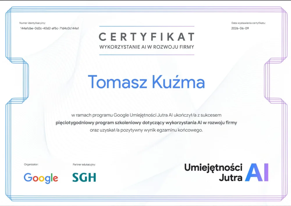 Certyfikat Google Umiejętności Jutra AI